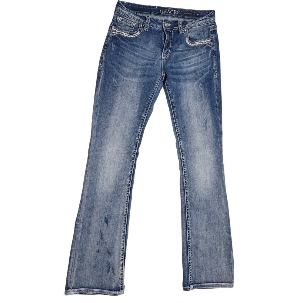 Grace In LA Women's Embroidered Low-rise Bootcut EasyFit Jeans Size 27